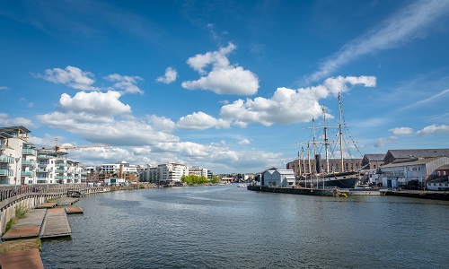 Bristol Harbour under the cloudy sky in England